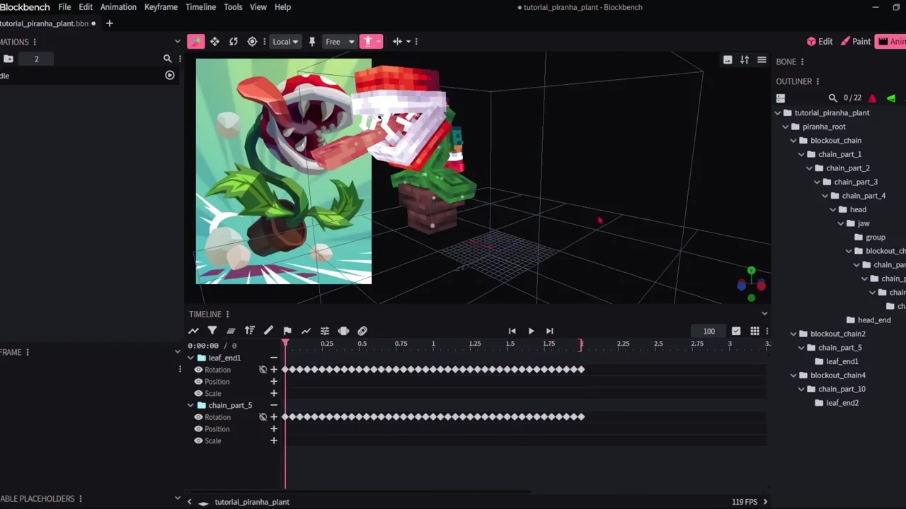 The finished Piranha Plant playing its animation in the Blockbench timeline.