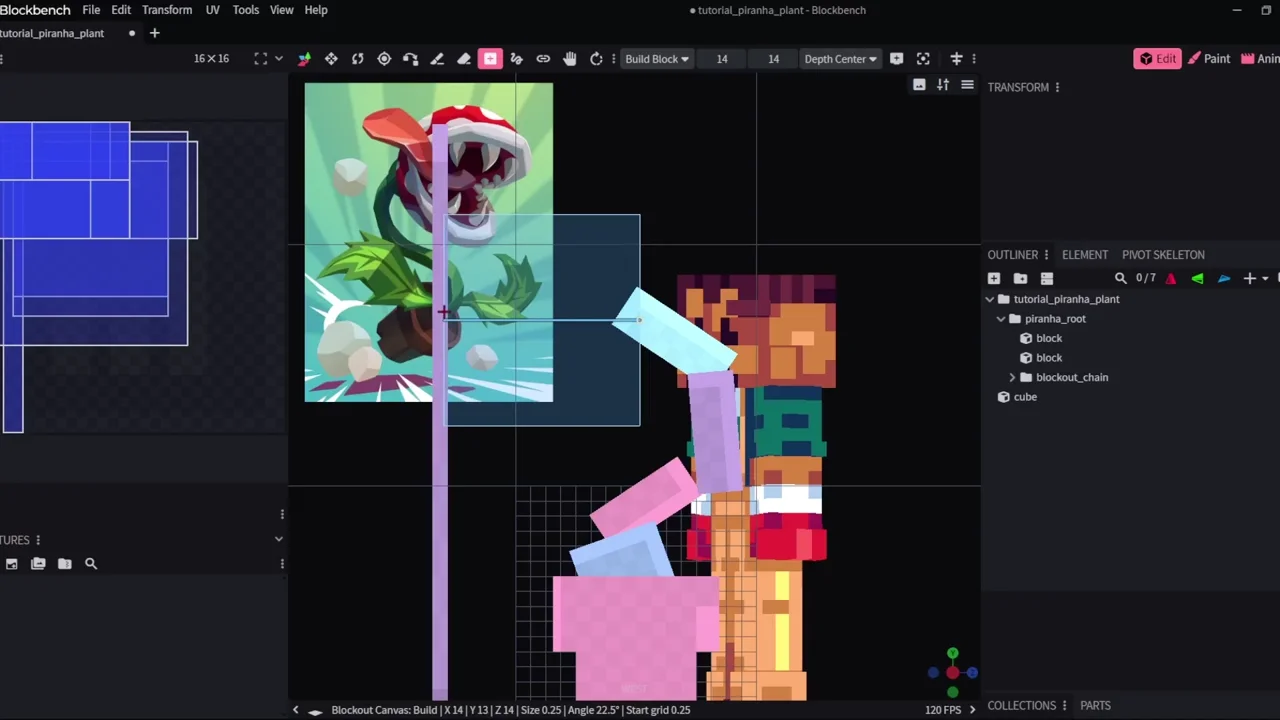 Building the plant's blocky stem and mouth in Blockbench beside the character reference.