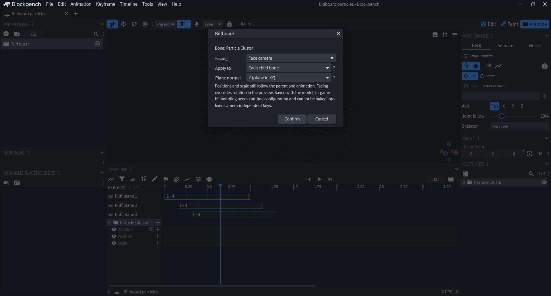 Blockbench Billboard dialog showing Face camera and Each child bone settings
