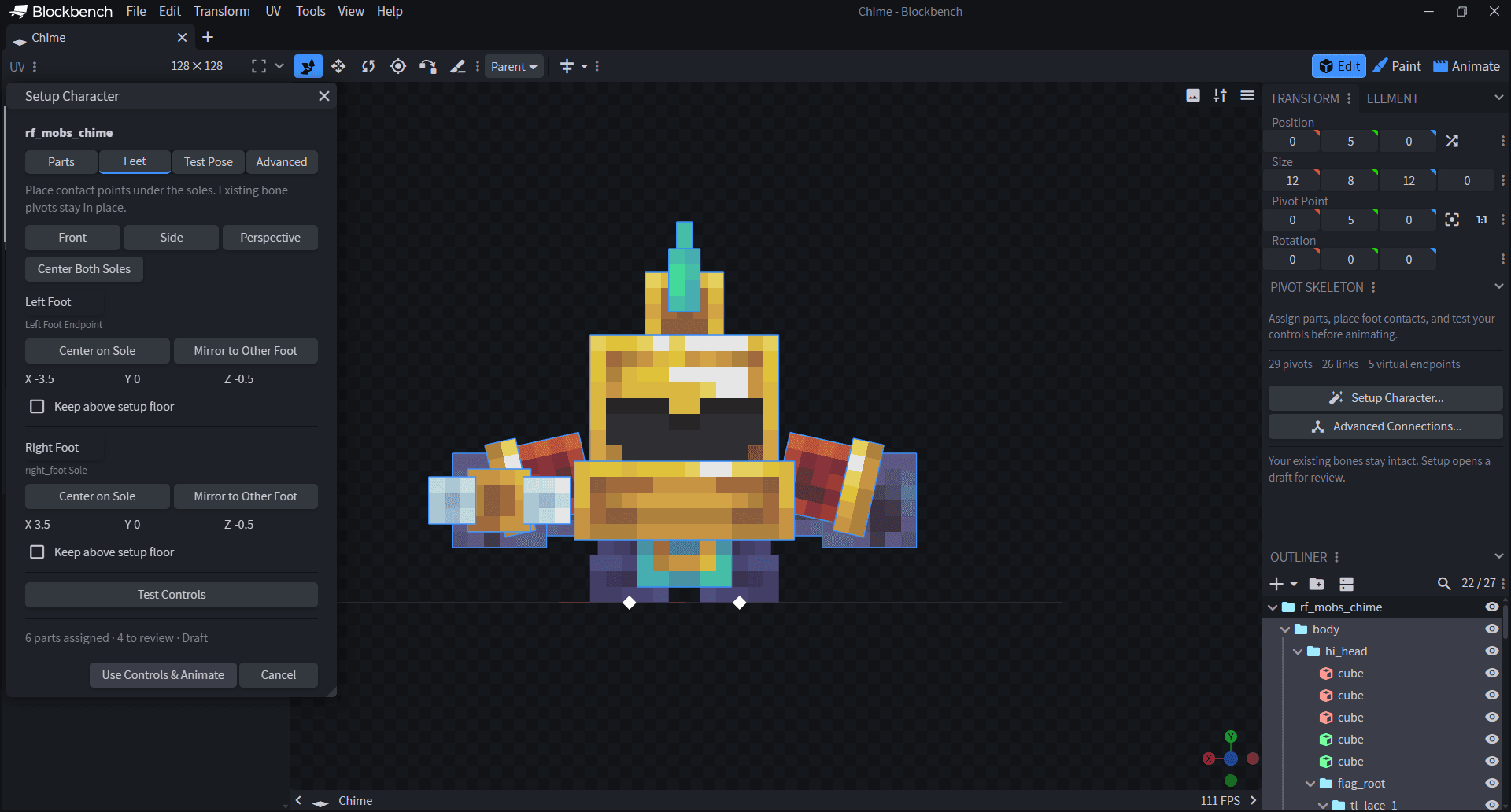 Setup Character with Parts, Feet, Test Pose and Advanced tabs, showing paired foot contacts beneath Chime