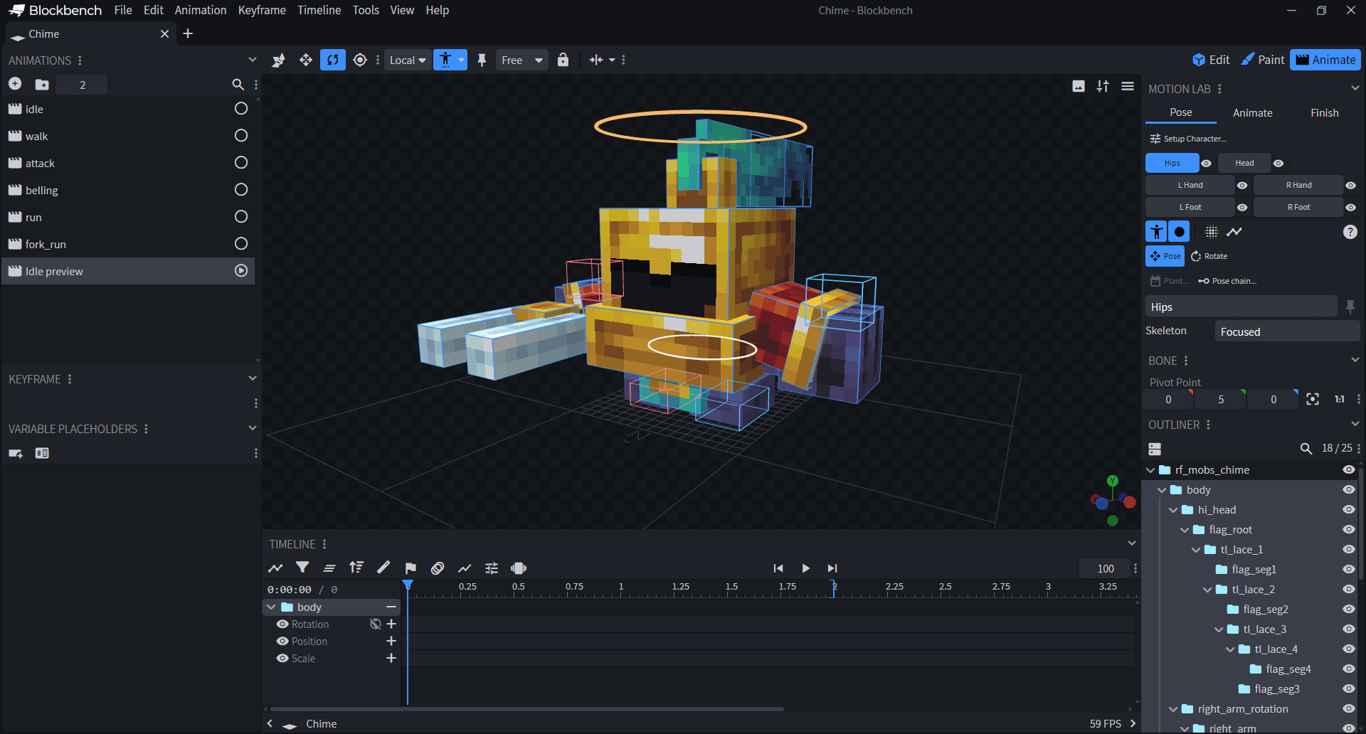 Chime in Blockbench Animate with a single selected hips ring and a clear Motion Lab panel
