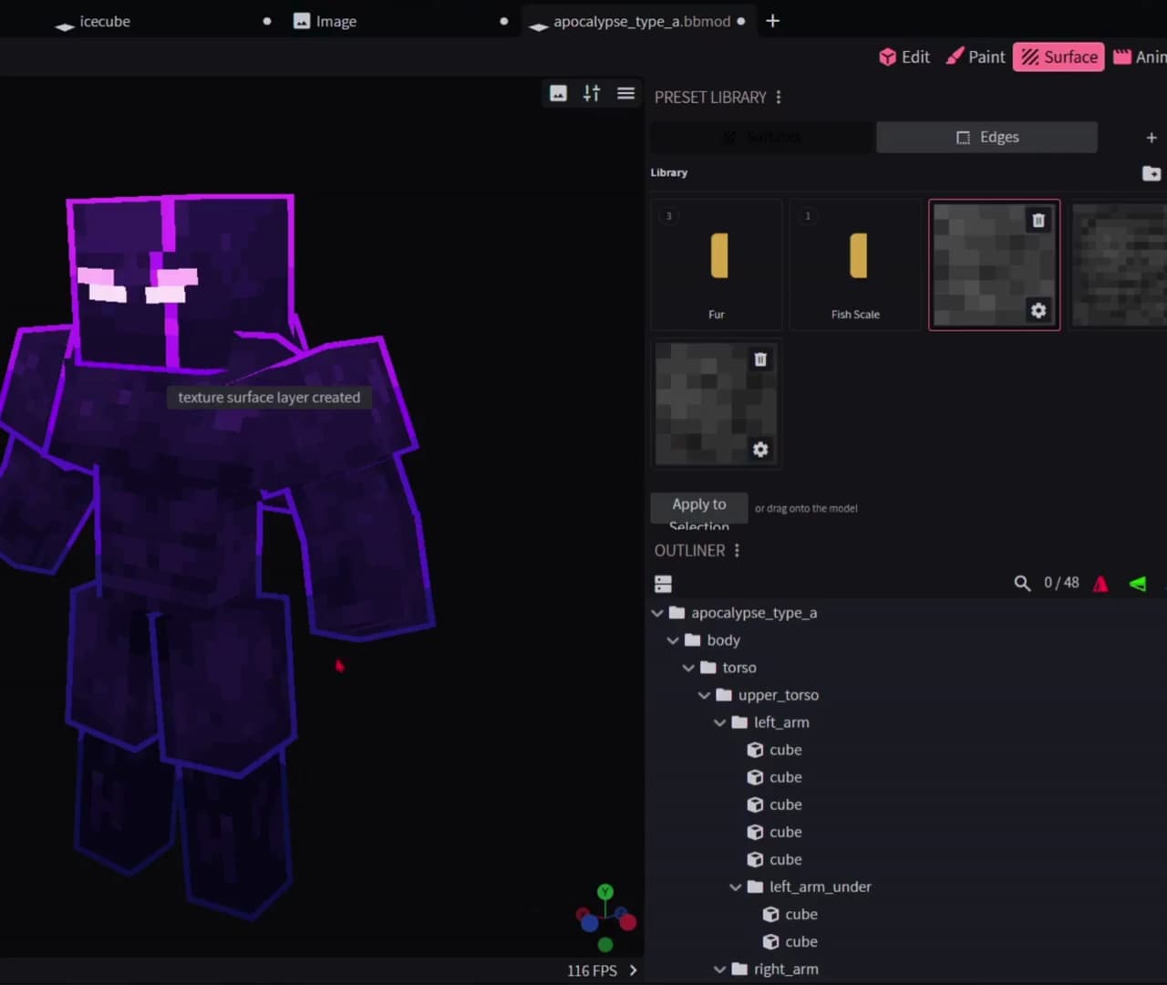 A surface preset being dragged onto a Blockbench model
