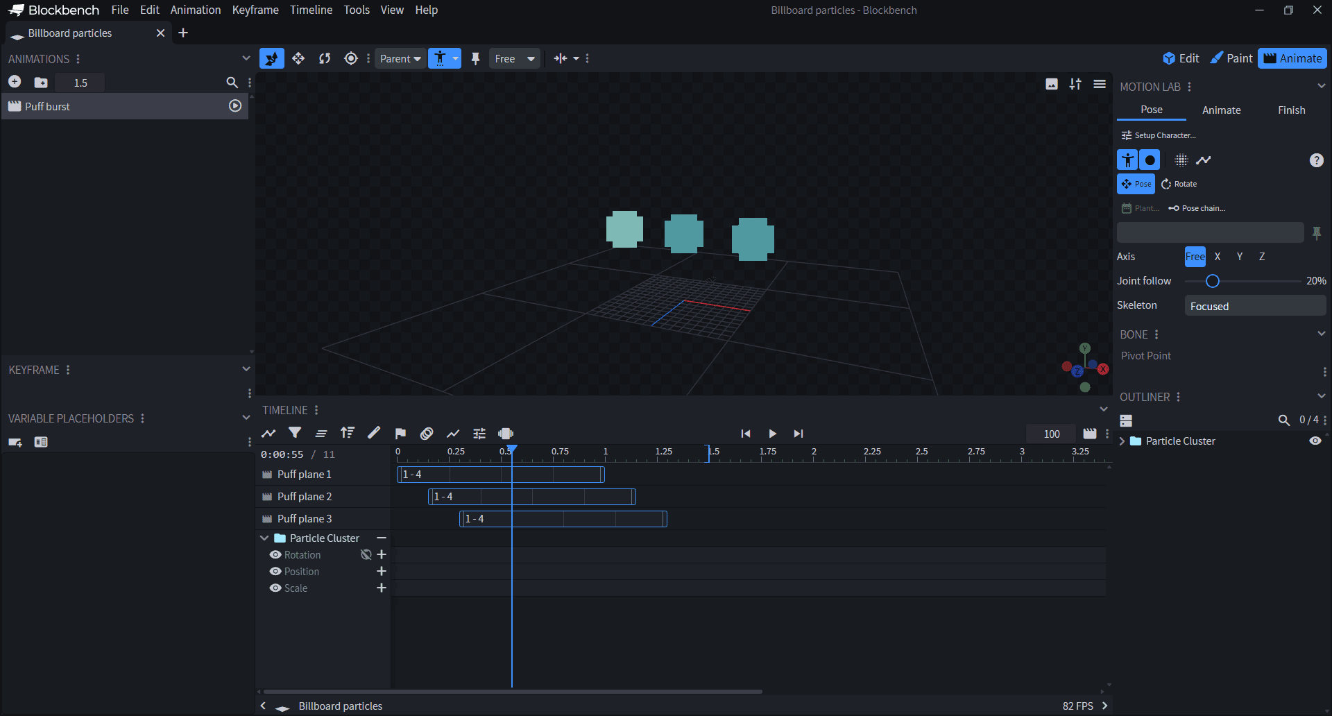 Three puff planes in Blockbench with independently staggered texture clips in the native timeline