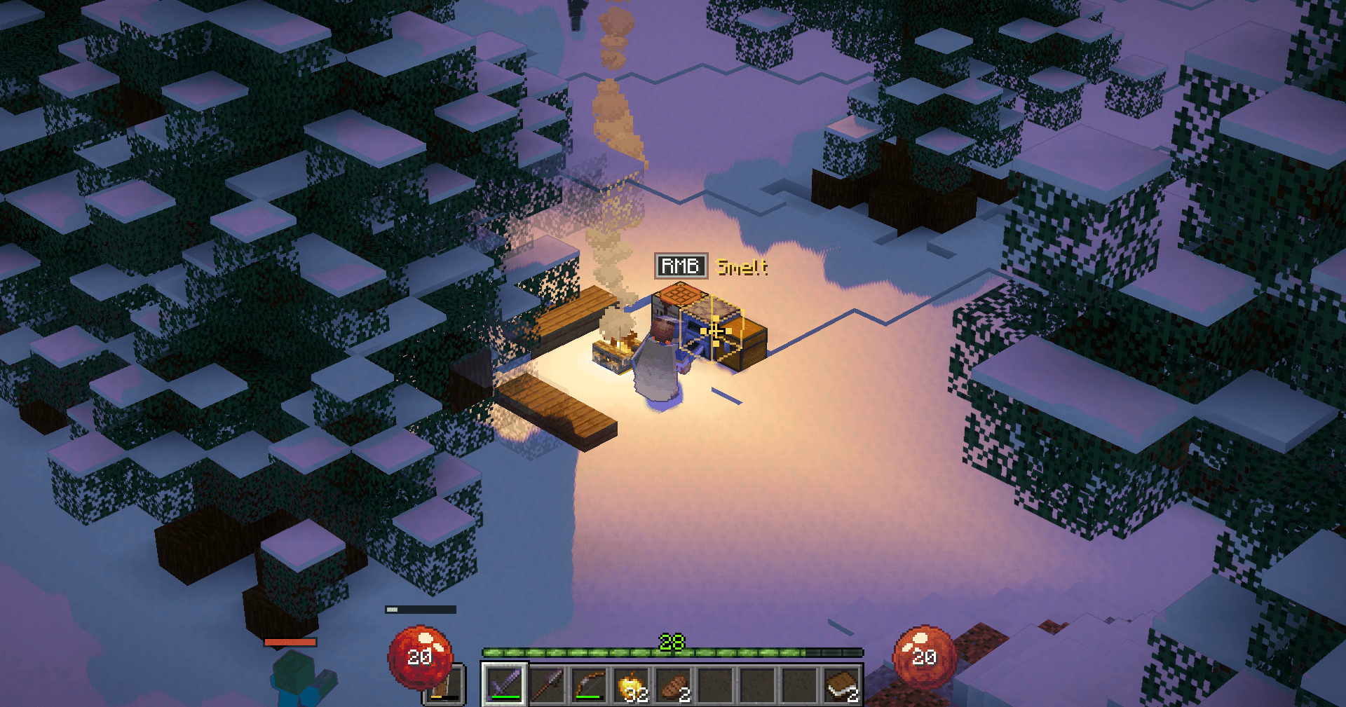 An Isocraft camp shown from an isometric perspective