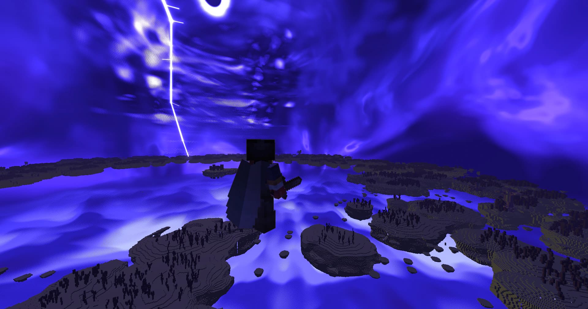 A player overlooking luminous End islands beneath a violet vortex