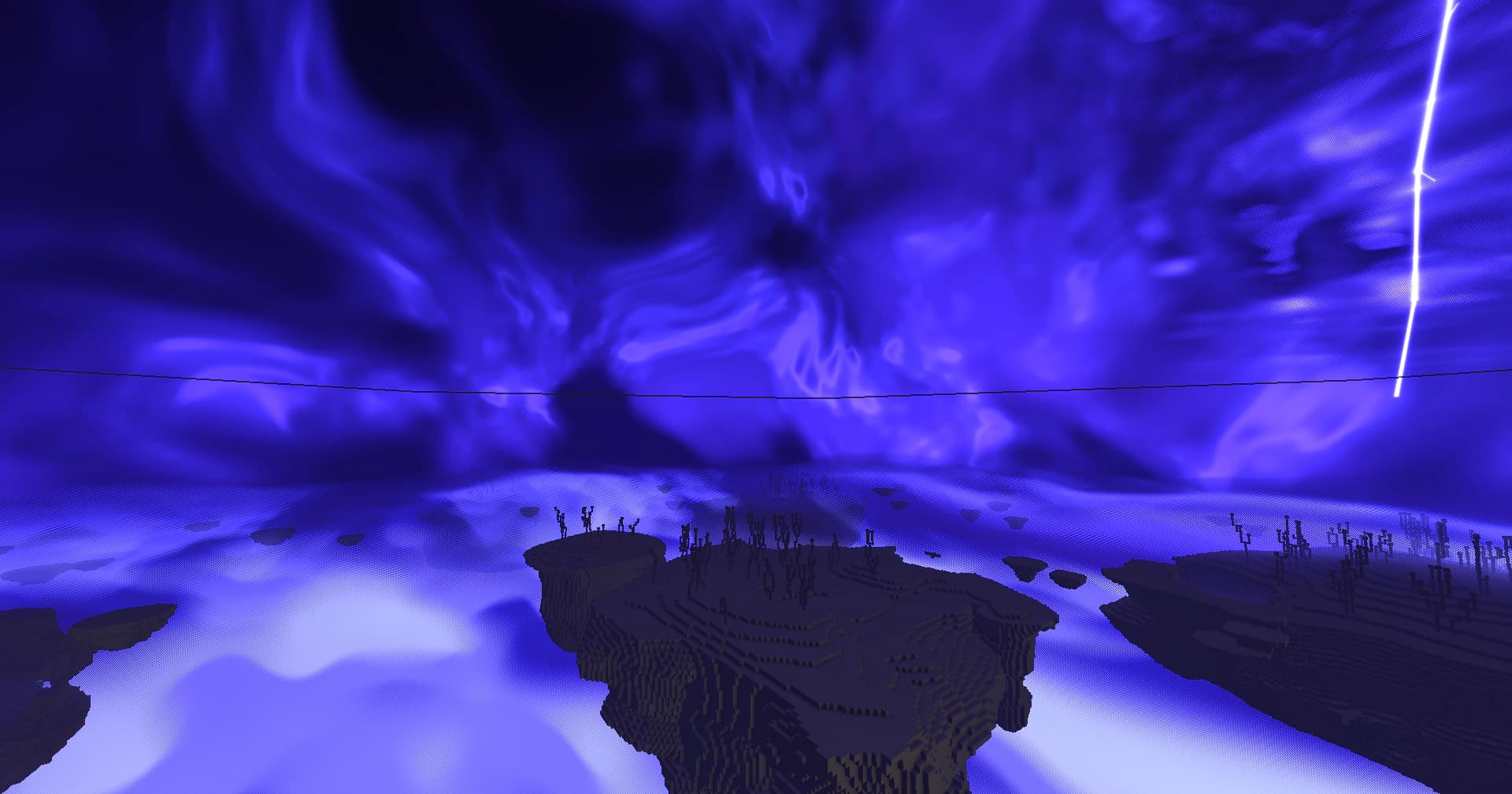 End islands floating over a luminous violet cloud sea
