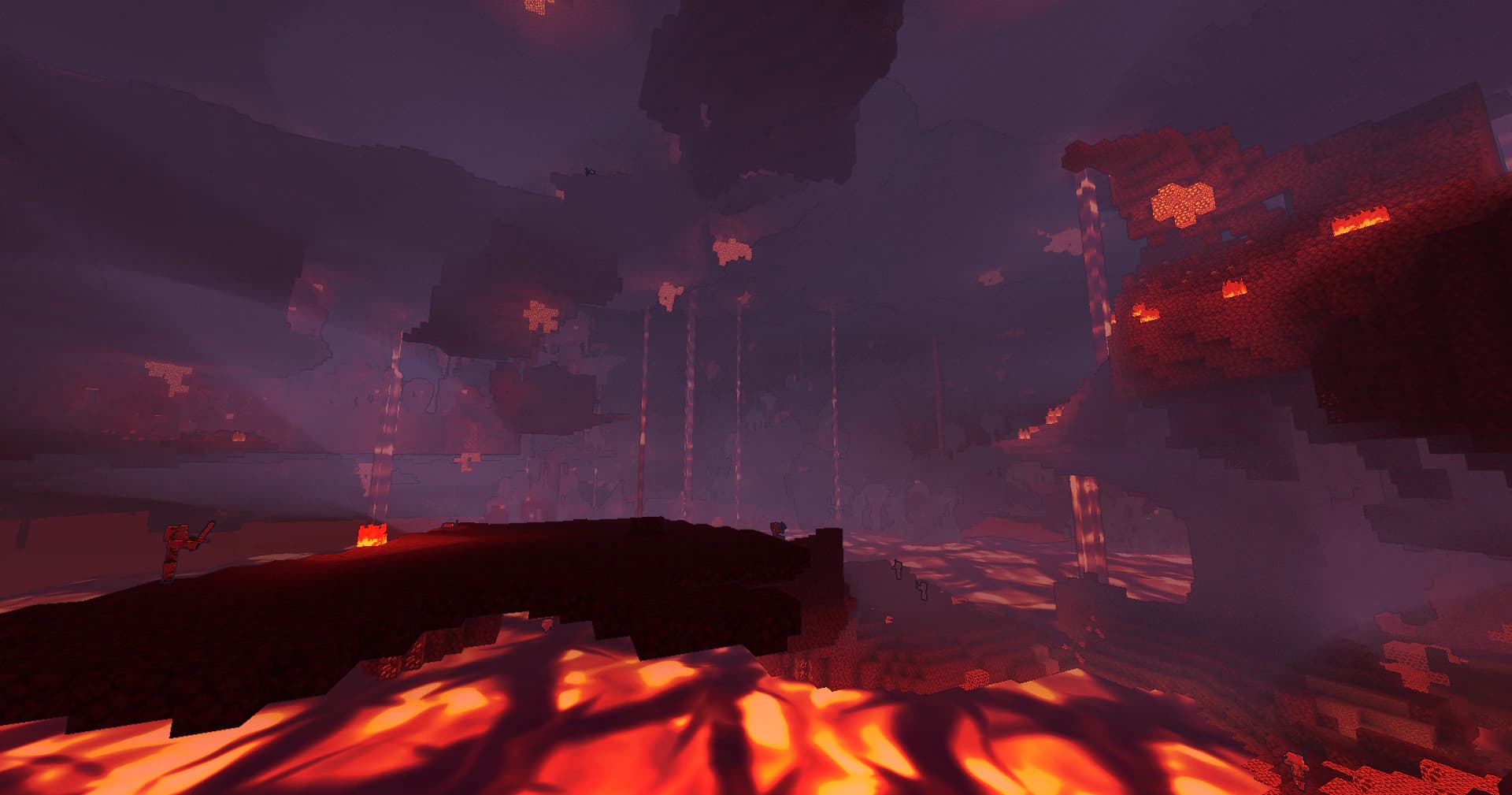 A vast smoky Nether cavern lit by molten lava
