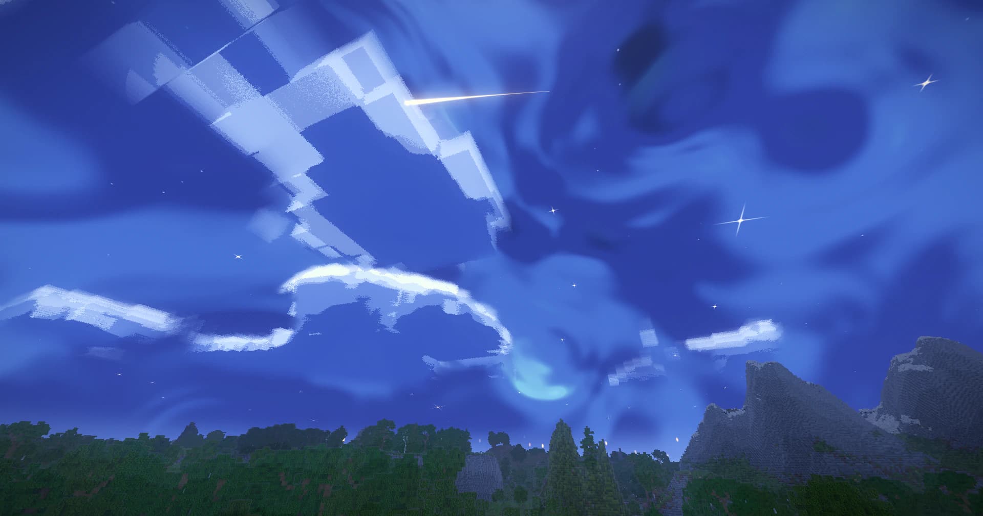 A deep blue painted night sky with stars and a shooting star