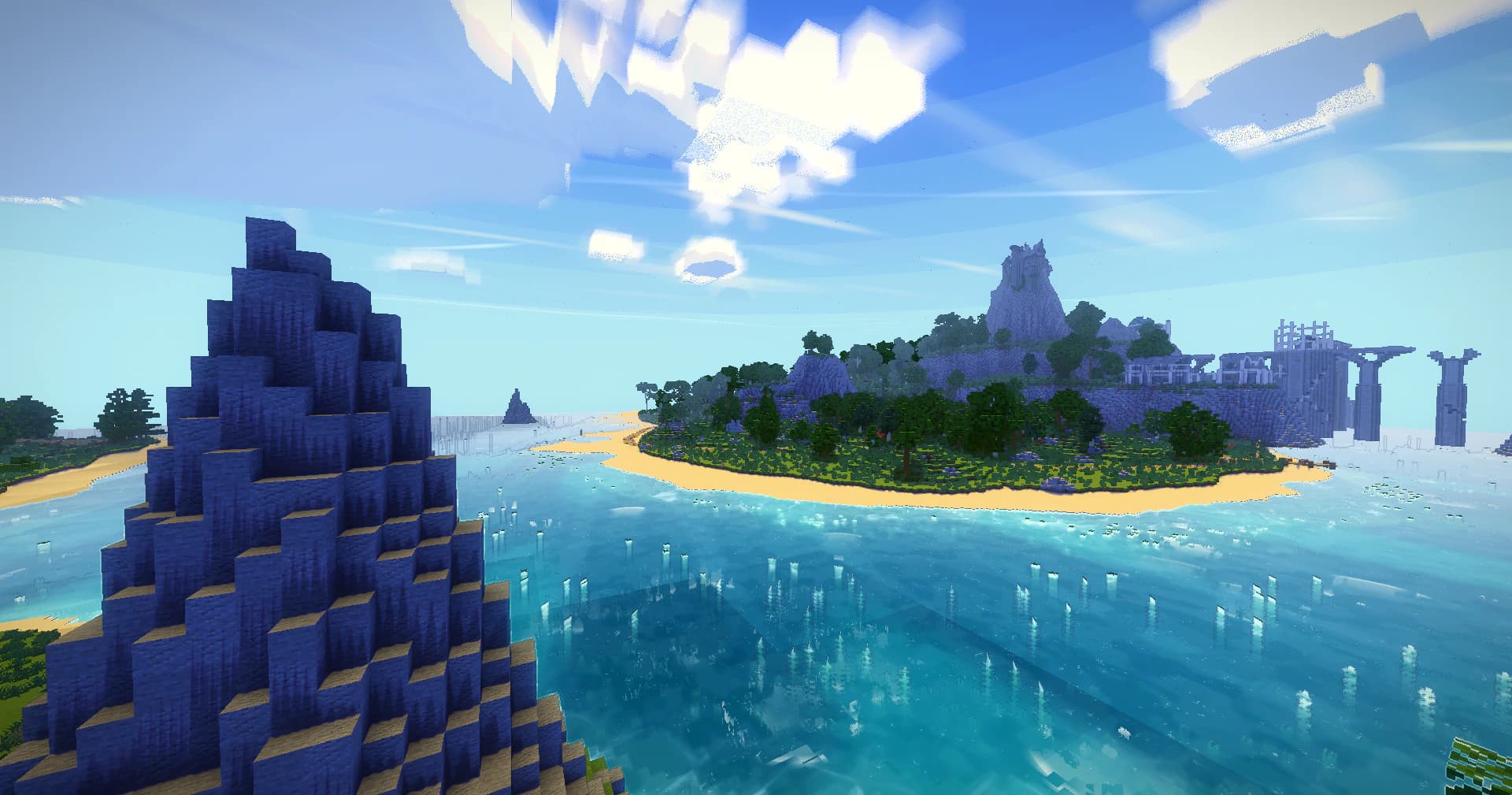 A bright fantasy landscape surrounded by stylized water