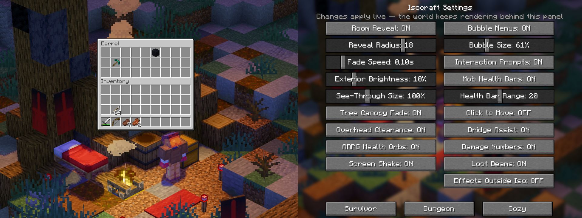 Isocraft bubble menus and settings interface